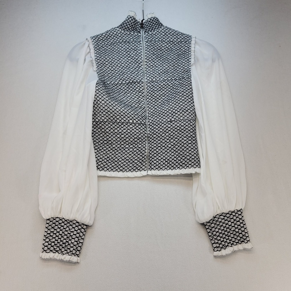 Alice + Olivia Blouse Womens XS White Black Smocked Bishop Sleeve Stitching - Picture 2 of 12